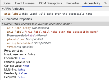 Outils de développement de Chrome montrant le nom accessible d'un champs via aria-label